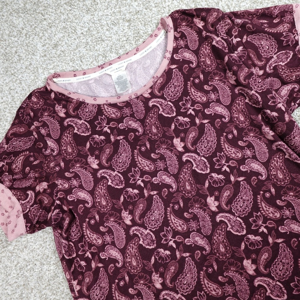 Lucky Brand Womens XXL Paisley Print Short Sleeve Top Burgundy Pink Stretch